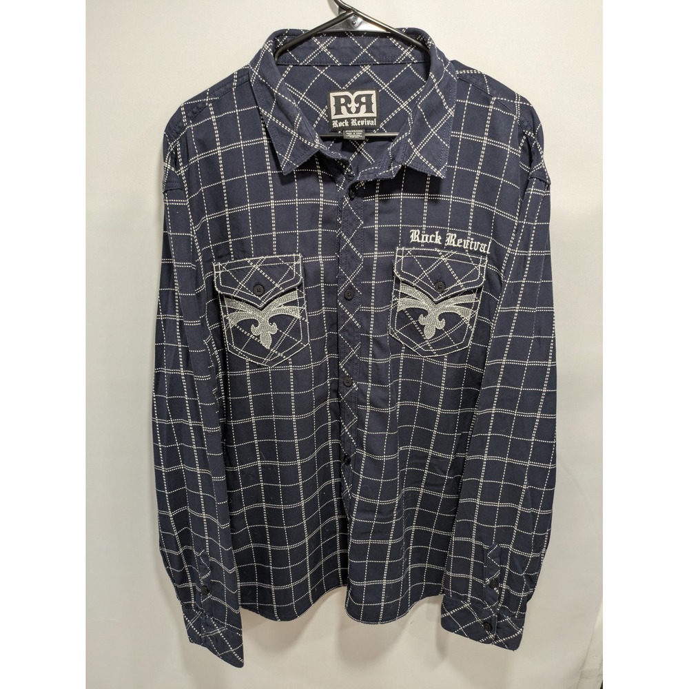Mens Buckle Rock Revival Blue Long Sleeve Button Down Checkered Shirt Size 2XL